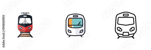 Railway train icon, flat vector graphic, minimal front view locomotive design, clean transport style, white background.