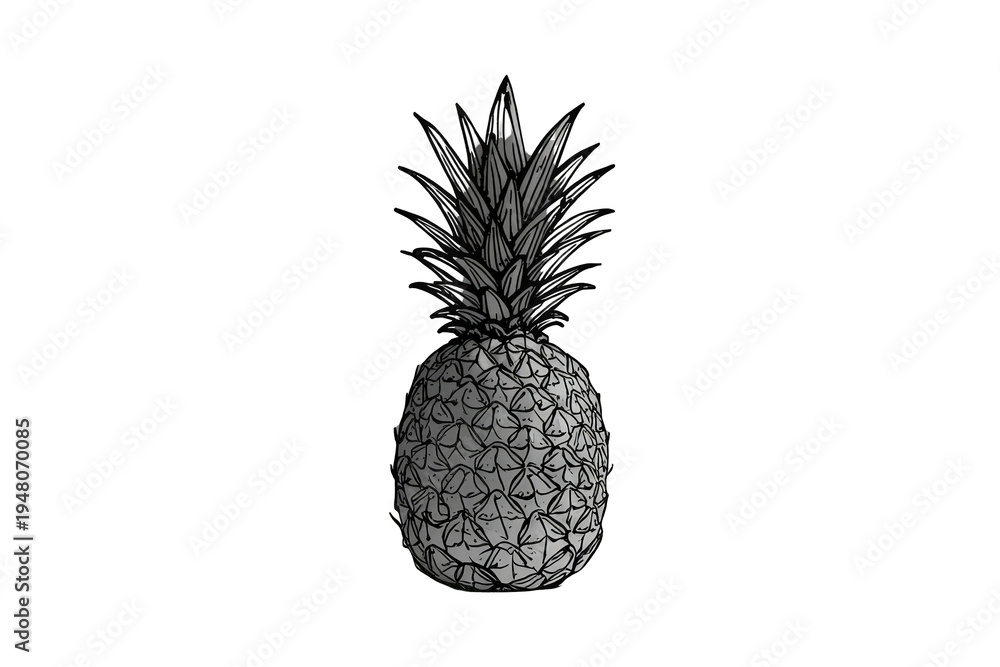 Obraz premium Pineapple sketch artwork showing a tropical fruit, hand-drawn in black and white lines on a transparent background