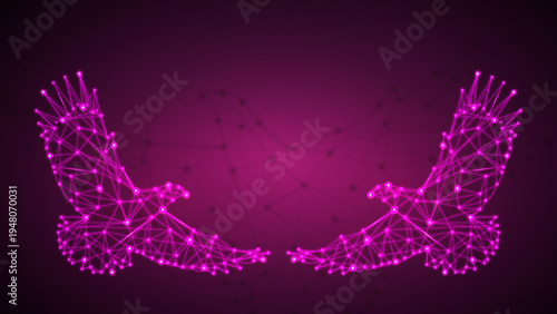 Neon Polygon Angel Wings Background, Futuristic Pink Digital Wings Network, Glowing Tech Angel Wings Abstract Background, Cyberpunk Neon Wireframe Wings Design