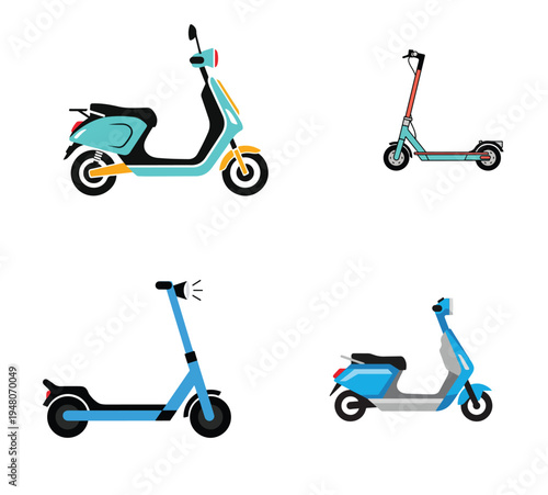 Flat vector electric scooter icon, minimal urban mobility design, simple shapes, white background.