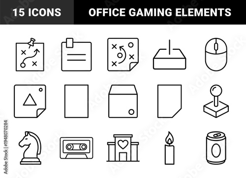 Miscellaneous office and lifestyle icon set. Vector pictograms of sticky notes, strategy maps, computer mouse, cassette tape, chess knight, joystick, and candle.