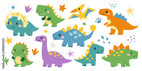 Cute dinosaurs vector set. Hand drawn doodle triceratops, stegosaurus, tyrannosaurus, diplodocus, pterosaur. Dinosaur comic character design for kids, print, clothes, poster, education, edutainment.