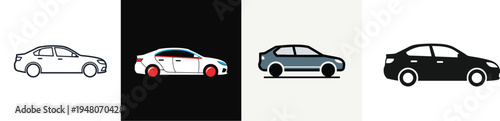 Modern car symbol, minimalist flat vector illustration, simple vehicle side profile, transportation theme, white backdrop.