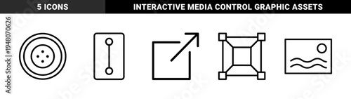 Interface and media line icon set. Vector pictograms of external link, button, slider, expand tool, and landscape photo, thin outline illustration.
