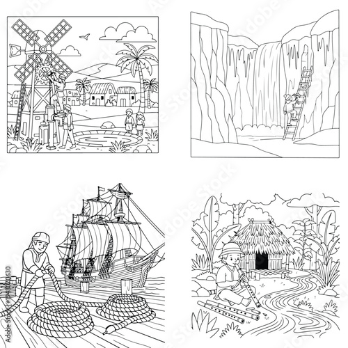 Spelunkers exploring cave with treasure chest and ancient artifacts, discovery, black and white illustra