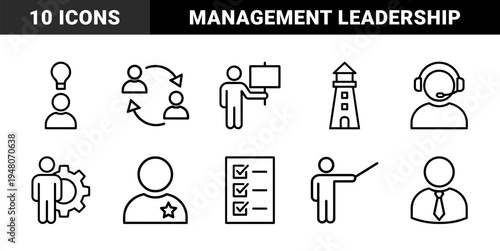 Business management and leadership icon set. Vector glyph pictograms of manager, lighthouse, gear, checklist, support, and mentor, black silhouette illustration.