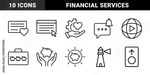 Business and finance line icon set. Vector pictograms of piggy bank, briefcase, lighthouse, heart, globe, and message notification, thin outline illustration.