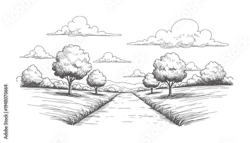 Black and white of a rural landscape with a road and trees