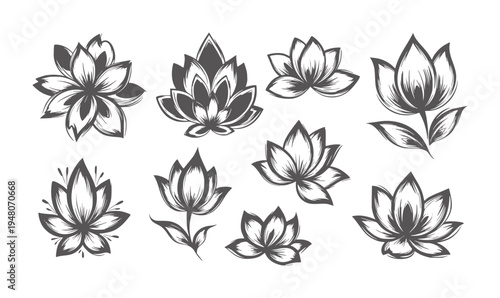 Collection of eight stylized dark grey lotus flowers with brush stroke texture floral