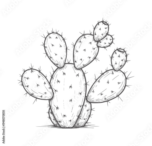 Hand drawn prickly pear cactus with spines white plant desert