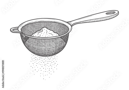 Hand drawn sieve sifting powder with particles falling down