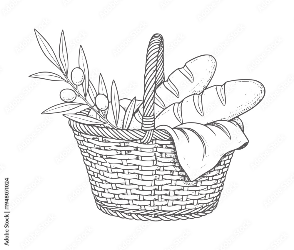 Obraz premium Wicker basket filled with baguettes olives and cloth food bread