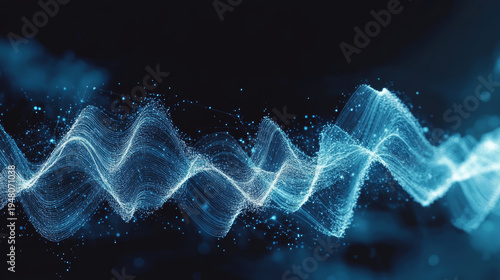Abstract glowing blue wave of particles and lines on a dark background