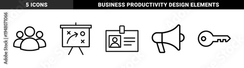 Business and office icon set. Vector glyph pictograms of lightbulb, hourglass, calculator, briefcase, calendar, and documents, black silhouette illustration.