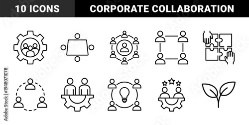 Business teamwork line icon set. Vector pictograms of gears, meetings, networking, lightbulbs, puzzles, growth, and bridges, thin outline illustration.