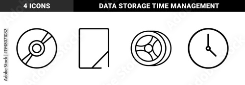 Multimedia and utility line icon set. Vector pictograms of compact disc, document file, car wheel, and analog clock, black outline illustration.