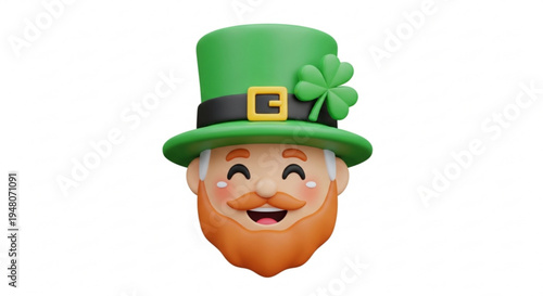 3D Cartoon Leprechaun Head with Shamrock and Beard