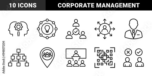 Business and management line icon set. Vector pictograms of teamwork, leadership, hierarchy, strategy, presentation, and qr code, thin outline illustration.
