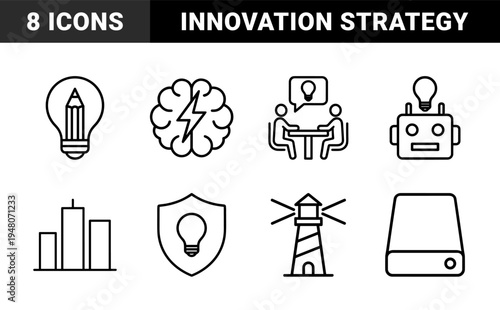 Business innovation and strategy line icon set. Vector pictograms of lightbulb, brain, robot, shield, chart, certificate, and lighthouse, thin outline illustration.