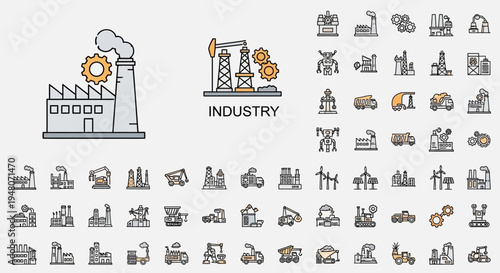 Industry icons set with factory and machinery symbols.