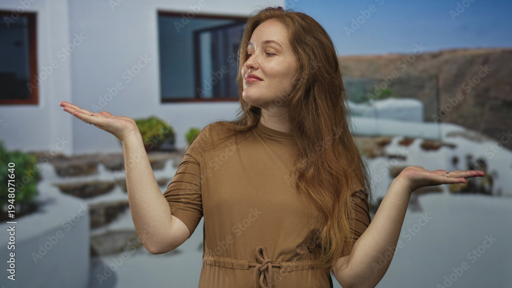 Naklejka premium Woman holds palms up at white building entrance near terraced stone courtyard outdoors under clear sky; balance joy.