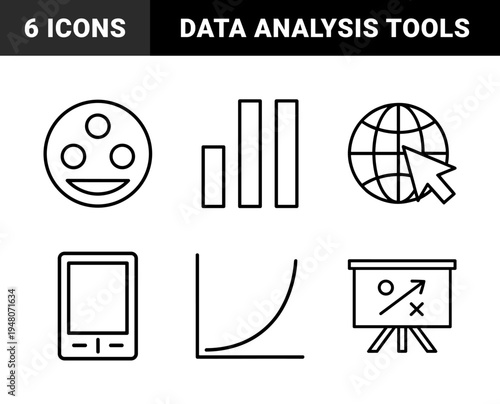 Business analytics line icon set. Vector pictograms of growth chart, global web, presentation board, data bar, and handheld device, thin outline illustration.