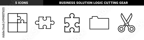 Graphic design and office line icon set. Vector pictograms of puzzle pieces, scissors, and a file folder, thin black outline illustration.