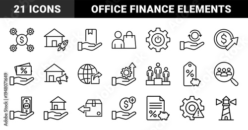 Business and office line icon set. Vector pictograms of briefcase, calendar, calculator, lightbulb, handshake, and credit card, thin outline illustration.