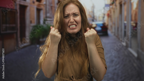 Tablou pe pânză Woman with open mouth screaming amid sunlit vibrant narrow cobblestone city street scene; anger frustration