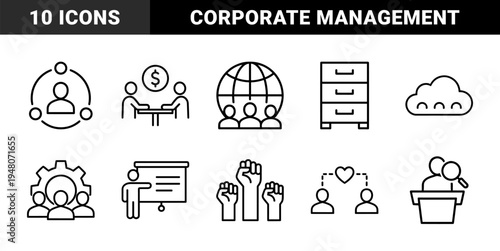 Business and management icon set. Vector pictograms of teamwork, archives, negotiation, global networking, leadership, and cloud data, thin outline illustration.
