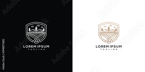 Vintage Farm Estate Logo Design - Monoline Vineyard Winery Shield Emblem.