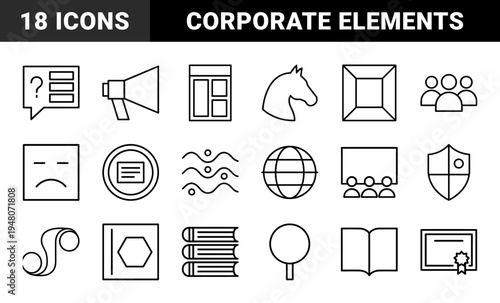 Business and education line icon set. Vector pictograms of megaphone, horse, globe, shield, books, camera, and certificate, thin outline illustration.
