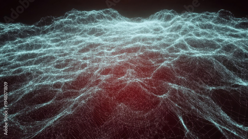 Abstract glowing network of interconnected lines and nodes forming a digital landscape