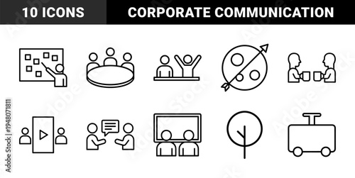 Business management and communication icon set. Vector pictograms of meeting, target, presentation, discussion, video call, and coffee break, thin outline illustration.