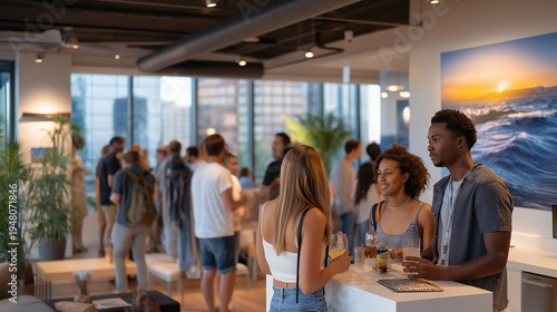 Networking event attendees mingling around high-top tables in modern gallery space, abstract art installations visible on white walls behind conversations, ideal for corporate gatherings and