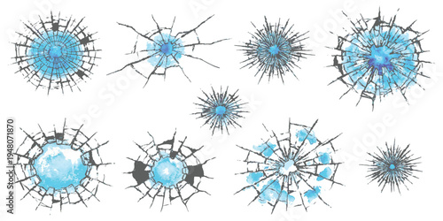 Set of realistic broken glass cracks and bullet holes with blue watercolor splash effects vector illustration
