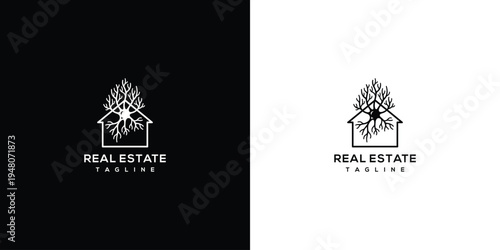 Real Estate Logo Design Modern House with Tree Roots  Branches Property Growth Symbol.