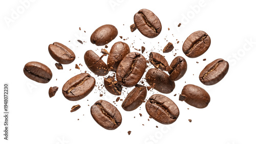 Fotografia Roasted brown coffee beans scattered chaotically across a clean white background