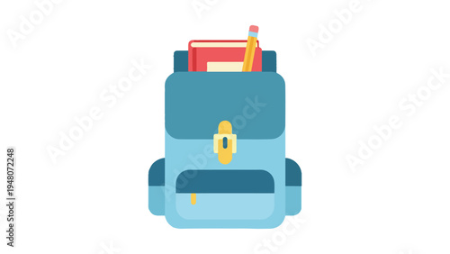 A blue backpack with books and a pencil on a white background for Education