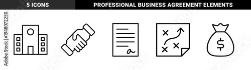 Business management line icon set. Vector pictograms of office building, handshake, signed contract, money bag, and strategic map, thin outline illustration.
