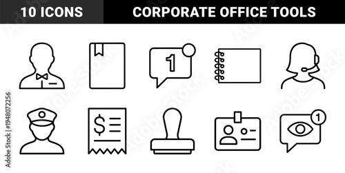Business and service line icon set. Vector pictograms of waiter, notebook, message, receipt, security officer, stamp, support agent, and identity card, outline illustration.