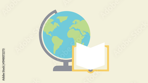 A globe on a stand with an open book beside it for education purposes.