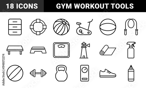 Fitness and gym equipment line icon set. Vector pictograms of stationary bike, treadmill, jump rope, kettlebell, dumbbell, and yoga mat, thin outline illustration.