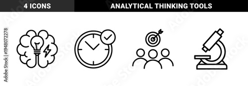 Business and research line icon set. Vector pictograms of clock, brain, lightbulb, target, people, and microscope, thin outline illustration.