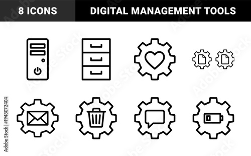 Computer settings and interface line icon set. Vector pictograms of cabinet, server, gear, heart, email, trash, document, user, clock, chat, and battery illustration.