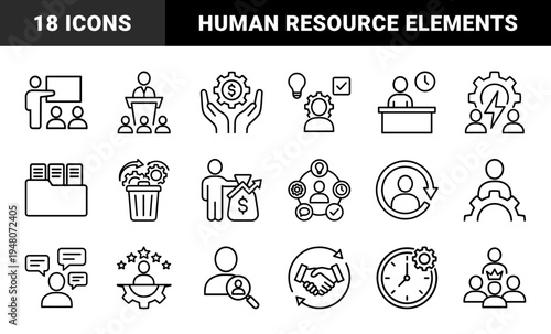 Business management and human resources line icon set. Vector pictograms of team, gear, clock, money, growth, feedback, and training, thin outline illustration.