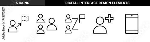 Business and user management line icon set. Vector pictograms of smartphone, adding member, team leadership, and goal achievement, thin outline illustration.