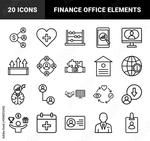 Business and finance icon set. Vector pictograms of document, chart, safe, briefcase, bulb, calculator, and growth, thin outline illustration.