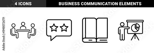 Business and education line icon set. Vector pictograms of meeting, rating, presentation, and open book, black outline illustration.