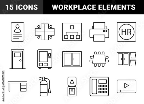 Corporate office line icon set. Vector pictograms of printer, employee badge, workstation, organizational chart, fire extinguisher, and desk, thin outline illustration.